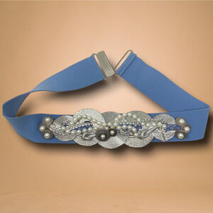 Vintage 1980's Pearl Embellished Light Blue Elastic Stretch Waist Corset Belt